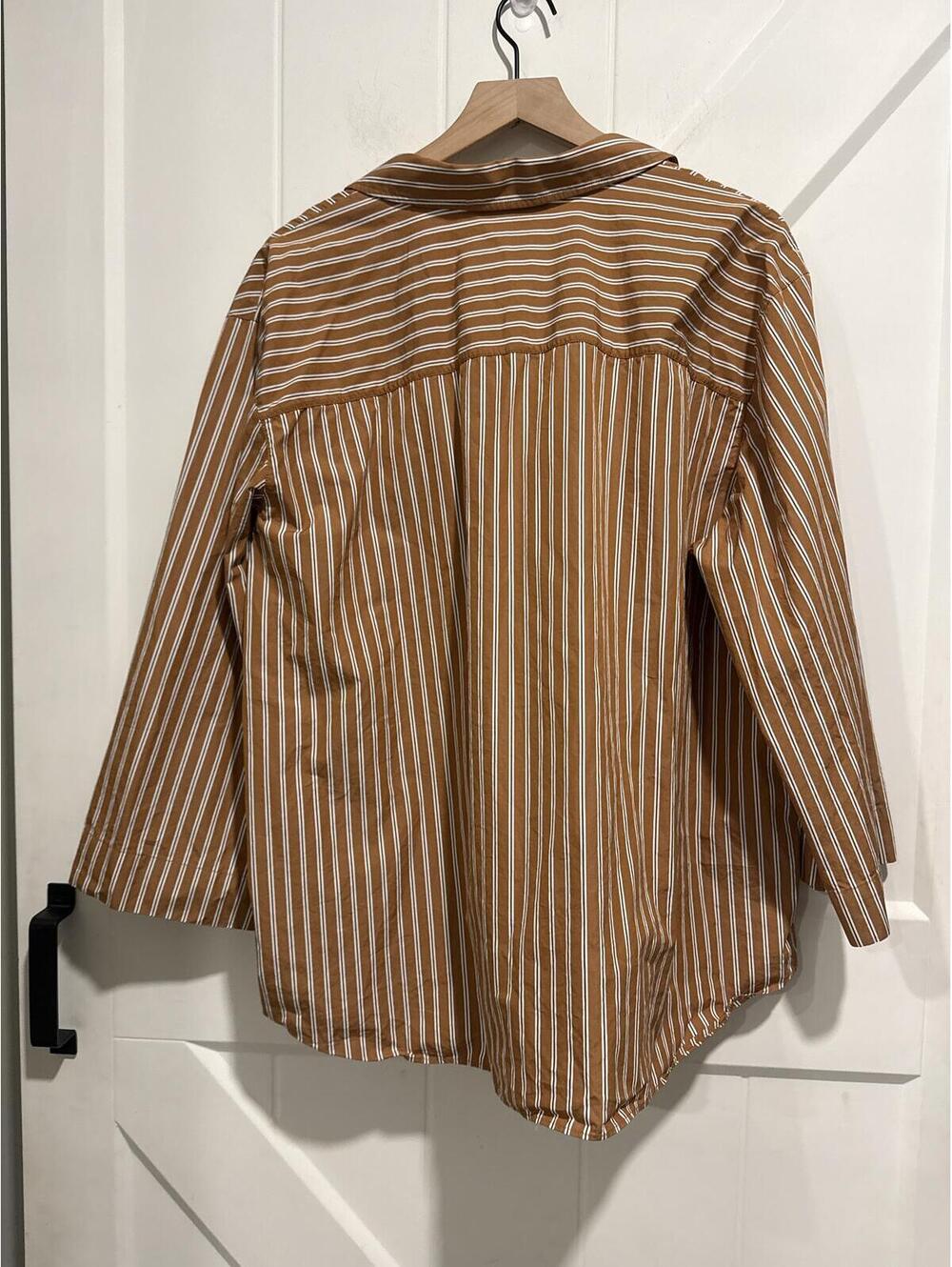 Lafayette 148 New York Brown, White & Black Striped Cotton Collared V-Neck Shirt - Picture 5 of 5